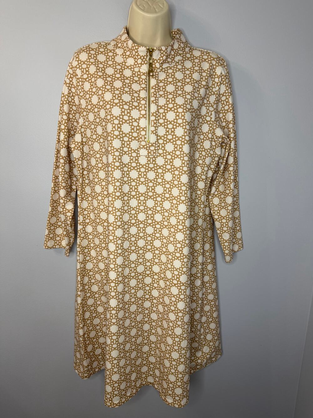 Spartina 449 Geo Print Zip Neck Midi Dress Tan Cream Women's XL